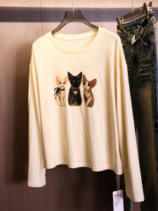 เสื้อยืดคอกลมแขนยาวหลวมๆ ลายแมว ทรงหลวม ผ้าฝ้าย ใส่สบาย สำหรับผู้หญิง ฤดูใบไม้ร่วง 2025 ใหม่ เสื้อยืดคอกลมลายการ์ตูน