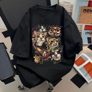 2026 New Street Art Cartoon Cat Collection Printed Plus Size Mens and Womens Cotton Short Sleeve Loose Crew Neck T-Shirts