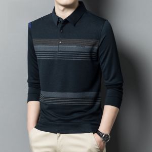 ROMON | Long Sleeve Polo Shirt Business Casual Striped Pattern Turn-down Collar Mens Fashion Urban Style Autumn Season Romon Brand