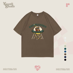 Guozii American Style Floral Grey Loose Shoulder Short Sleeve Cotton T-Shirt Women Early Spring Casual Top Sweet Japanese Style round Neck Print Summer Regular Fit