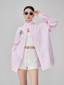 XIAODADEHUA | Pink Striped Chinese Style Button Embroidery Blouse