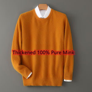 Mens 100% Pure Mink Cashmere Sweater O-Neck Pullovers Knit Large Size Mink Sweater Winter New Long Sleeve High-End Jumpers Tops