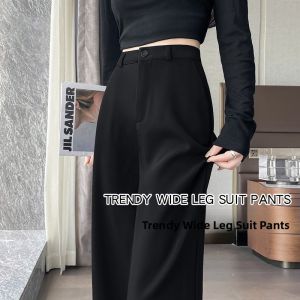 Black Tailored Pants Womens Spring Autumn High Waist Slim Fit Wide Leg Straight Cut Trousers Drapey Elegant Short plus Size