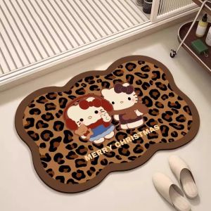 HelloKitty Luxury Leopard Print Kitty Cat Diatom Mud Bathroom Mat Anti-Slip Quick Dry Foot Pad Home Use Simple Style Technology Leather