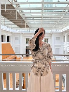 Linen Shirt round Neck Slimming Outerwear High-End Chain Print Preppy Style Womens Casual Breathable Long Sleeve Shirt