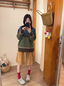 กางเกงขาสั้นผ้าคอร์ดูรอยยืดเอว กางเกงขายาวทรงหลวมสีสันสดใส 4 สี กางเกงขายาวผู้หญิง ฤดูใบไม้ร่วง 2024 ผ้าขนสัตว์ผสม