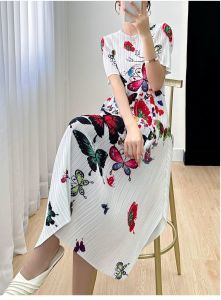 Nova quality⭐One person one pleat ⭐ One person one fold ※ Fashion print retro slimming Miyake fold dress  summer new high-end temperament large size fat mm printed dress women
