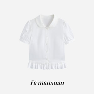 FAMANXUAN | Áo Sơ Mi Tay Ngắn Voan Bồng Cổ Búp Bê Cotton Đã Chải Màu Trắng Có Nếp Nhăn