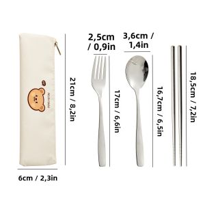 WORTHBUY Bộ Dao Kéo Bằng Thép Không Gỉ Kèm Túi Đựng Đồ Ăn Trên Bàn Thân Thiện Với Môi Trường Hoạt Hình Dụng Cụ Nhà Bếp Du Lịch Di Động Thìa Nĩa Đũa