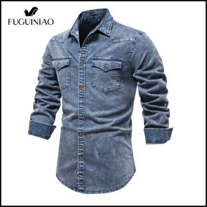 FUGUINIAO Áo Sơ Mi Denim Cotton Cho Nam Áo Sơ Mi Nam Mùa Thu Chất Lượng Dáng Ôm Hai Túi Màu Trơn Thường Ngày