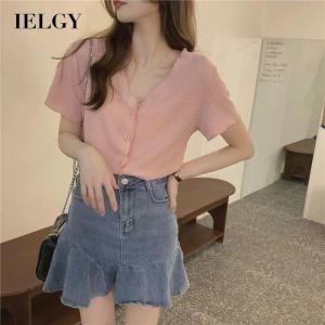 IELGY Shirt womens temperament pleated V-neck thin and short gentle style short sleeves