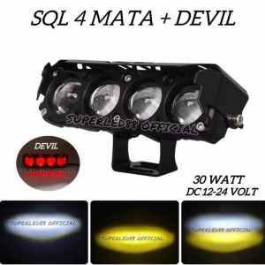 Lampu Sorot Laser SQL 4 Mata plus Devil DC 12-24Volt 30 Watt Kuning Putih Untuk Motor Dan Mobil
