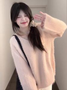Soft Cozy Pink Knitted Sweater Womens Early Autumn Winter Loose Gentle Korean Style Top Commute Loose Fit V-Neck Long Sleeve