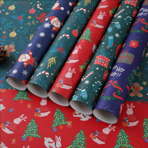 2Sheets Christmas Kraft Wrapping Paper Cartoon Xmas Tree Santa Claus Gifts Packaging Paper DIY Craft Home Party Decoration 74x50cm