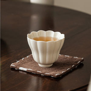 Handmade Plant Ash Glaze Ceramic Teacup with Lace Trim - Minimalist Kungfu Tea Set Cup for Aroma Tasting Elegant Tea Cup