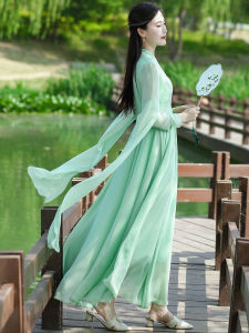 Spring Summer New Chinese Style Womens Ancient Hanfu Dress with Sashes Large Skirt Long Sleeve Pure Color mid Waist Gown