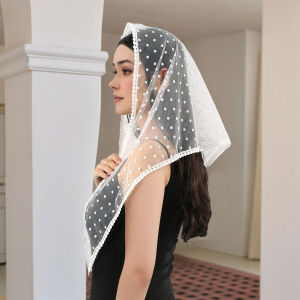 Jifang Polka Dots Floral Lace Brim Hollow Triangular Scarf Wedding Bridal Veil Church Prayer Mantilla YW114