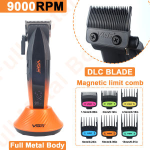 Professional Hair Clipper for Men DLC Blade Full Metal 9000RPM with Base Charger LCD Display Hair Cutting Machine VGR V-889C