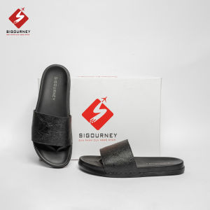 Dép Nam Quai Ngang Da Bò SIGOURNEY Màu Đen Có Khâu Đế Chắc Chắn DN-118 Bảo Hành 18 Tháng