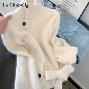 La Chapelle | Stand Collar Knit Sweater with Design Elements Tie Waist Thicken