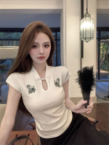 GUZILIAN | Elegant Butterfly Embroidery Short Sleeve T-Shirt Womens Slim Fit Retro New Chinese Style Summer Improved Cheongsam Stand Collar Top