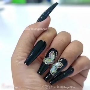 เล็บปลอม แบบยาว ลายผีเสื้อตกแต่งเพชร สไตล์สาย ฝ. (สีดำ) มี กาว ตะไบพร้อมส่ง ทุกชุด