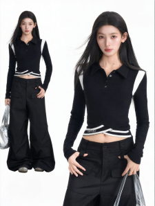BAIDAIFEI | Black Polo Collar Structured Shoulder Long Sleeve Slim Fit Short Crop Top T-Shirt