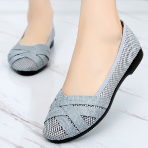 Breathable Mesh Womens Flat Work Shoes Summer Soft Bottom Single Shoes Anti-Slip Work Shoes Mom Shoes Lightweight Slip-On