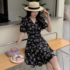 Floral Print Vintage Dress Gathered Waist Bubble Sleeve V-Neck Short Sleeve Midi Skirt A-Line Silhouette Summer New Arrival