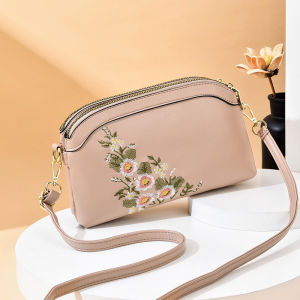 Elegant Embroidered Double Layer Crossbody Bag for Middle-Aged Women Fashionable Retro National Style Single Shoulder Satchel