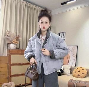 Warm Thickening Korean Style Stand Collar Grid Spliced Cuff Womens Winter Coat