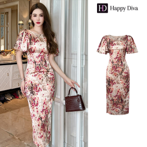 Happy Diva เดรสผู้หญิง เดรสสีฟ้า สีแดง เดรสซาติน เดรสลายดอก เดรสทำงาน เดรสไฮโซ เดรสออกงาน เดรสไปงานแต่ง เดรสฝรั่งเศส 30510