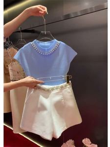 Classic Style Ladies Suit Womens Summer Denim Casual Fancy Chic Unique White Short-Sleeve Top Shorts Two-piece Set