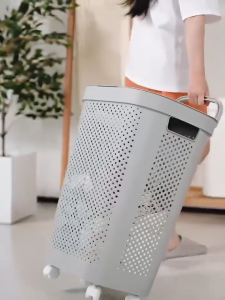 Home2U🏡 45L/60L LAUNDRY BASKET White Grey Japanese Style with Cover Dirty Clothes Basket plastic/pet cage/ basket baju kotor