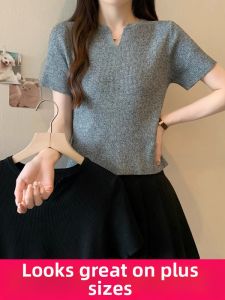 LUQIAN | Summer Novelty Regular Shoulder V-Neck Ice Silk Knit Large Size Womens T-Shirt