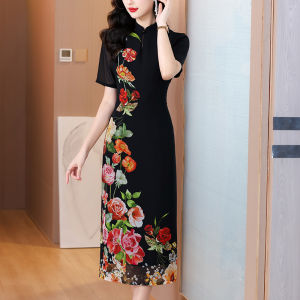 Impression Fashion Women Silk Retro Floral Print High Neck Short Sleeve High Waist Tunic Long Cheongsam Dress