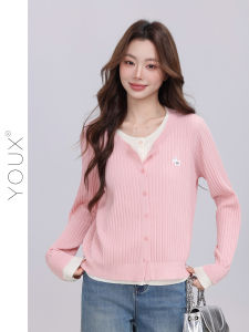 YOUXIANG | Bộ Đồ Mô Phỏng Knit Áo Khoác Cardigan Màu Hồng Xuân