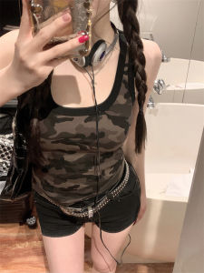 GUZILIAN | American Retro Print Camouflage Strap Vest Women Summer Sweet Spicy Short Base Layer Shirt Inner Wear Slim Fit Top Outerwear