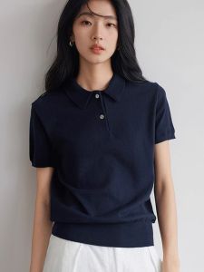 Ice Silk Knitted Polo Shirt Womens Short Sleeve Turn-down Collar T-shirt Summer New Style Korean Version Slim Fit Basic Color