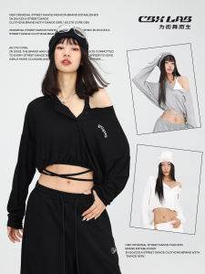 เสื้อยืดแขนยาวสไตล์สตรีทสำหรับเต้นรำจั๊ส CBXLAB สำหรับผู้หญิง ทรงหลวม ระบายอากาศได้ดี นุ่มสบาย แขนยาว คอวี สีพื้น