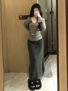 CHANGTONG | Lazy Style Loose V-Neck Knit Top Pencil Skirt Set