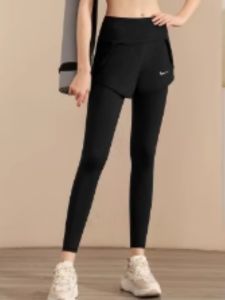 NK Womens Yoga Pants Tight Fitness Sports Long Trousers High Waist Butt Lifting Outdoor Wear Running Pants Fake Two-Piece Set