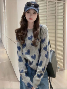 Loose Fit Grey Knitted Sweater Womens Fashion Lazy Style Love Letter Print Casual Long Sleeve round Neck Warmth Emitting Top