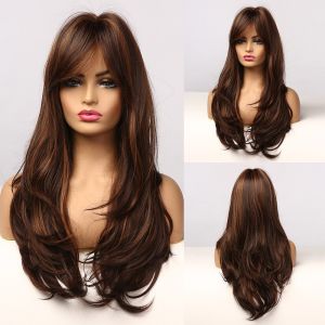 Long Brown Synthetic Hair Wigs with Blonde Highlight Wig with Bangs for Women Natural Wavy Wig Heat Resistant Cosplay Wig