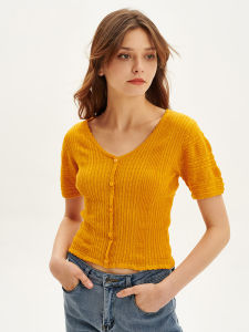 Slim Fit Pure Cotton V-Neck Short Sleeve T-Shirt Womens Summer Top Knitted Garment Fashionable Casual Breathable