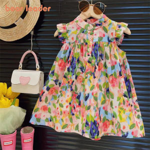 Bear Leader Monet Garden Oil Painting Style Baby Girls Dress 2024 New Summer Fly Sleeve Floral Vest Dress for 2-7 Years Old