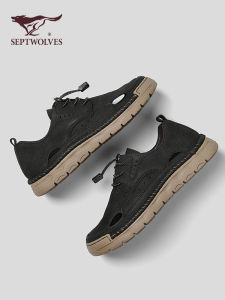 Septwolves Anti-Odor Casual Outdoor Mens Sandals Summer Breathable Thick Bottom Rubber Sole Black Leather Upgraded Version