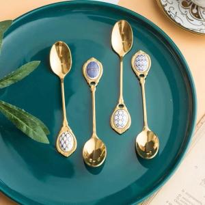 1 Pcs Stainless Steel Golden Coffee Milk Spoon Creative Stirring Spoon Elegent Ceramic Dessert Honey Spoons