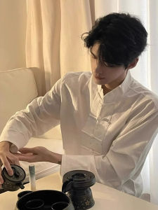 Loose Fit Long Sleeve Stand Collar Mens Shirt Chinese Style Outerwear Casual Spring Fashion Youth Trend Single Color Pattern