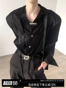 Black Metal Design Liquid Shirt Mens Shoulder Padded Simple Style Trendy Button Decorated Long Sleeve Sharp Collar Shirt